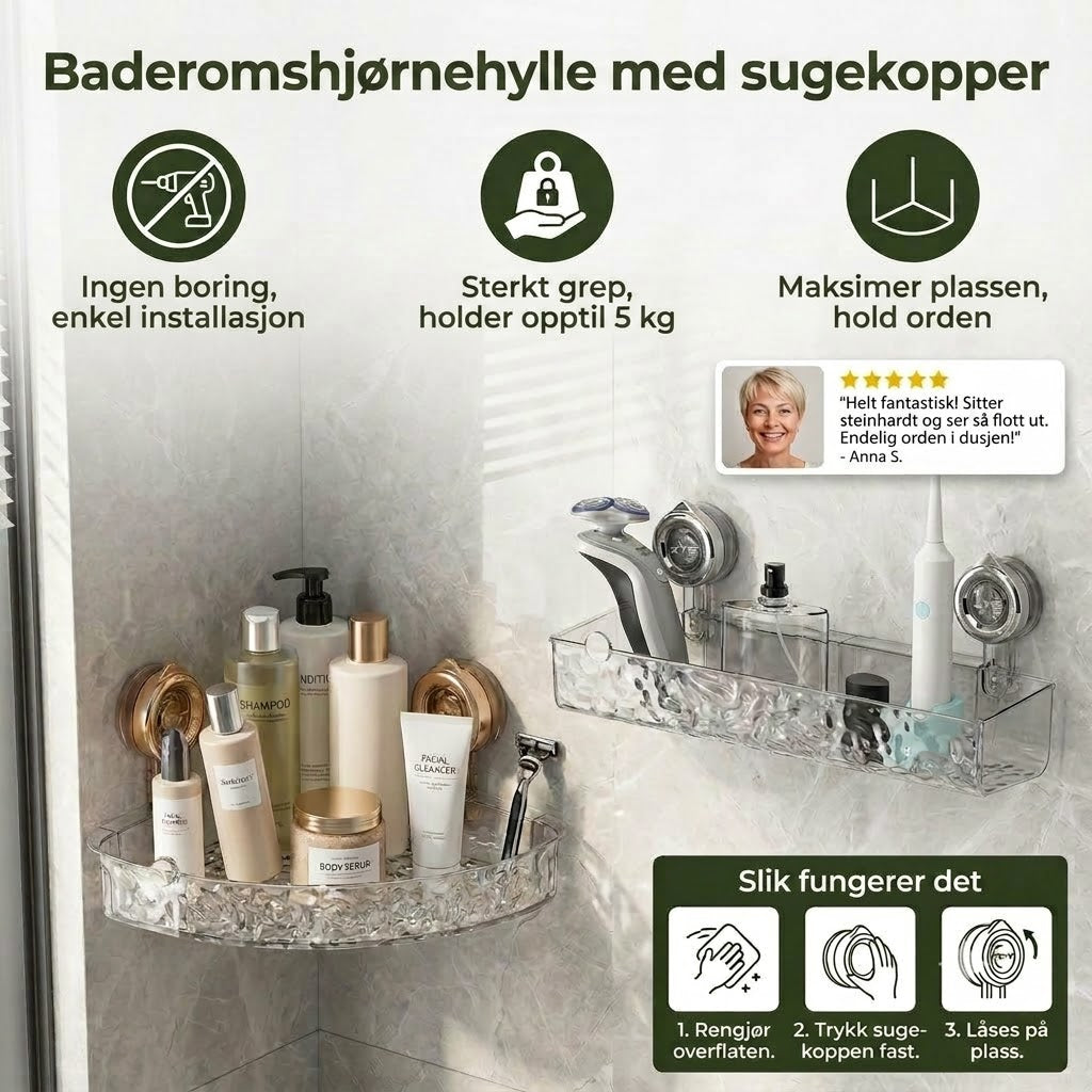Hjørnehylle til baderom med sugekopper - uten boring