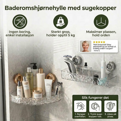 Hjørnehylle til baderom med sugekopper - uten boring