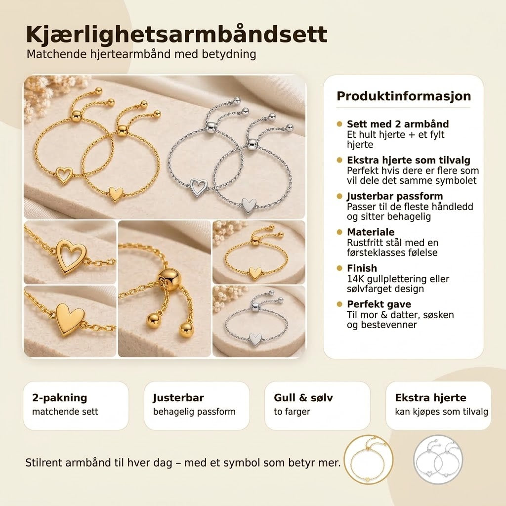 Hjertearmbånd-sett – 14K gullbelagt hjertearmbånd