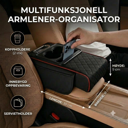 Multifunksjonell oppbevaringsveske for bilens armlene - med koppholder og innebygde rom