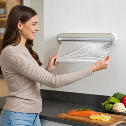 Magnetisk veggmontert dispenser for aluminiumsfolie og plastfolie, med sikkerhetskutter.