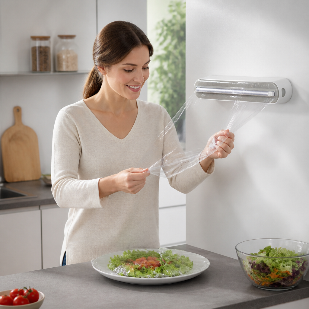 Magnetisk veggmontert dispenser for aluminiumsfolie og plastfolie, med sikkerhetskutter.