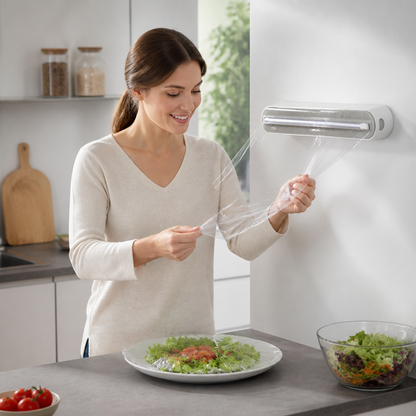 Magnetisk veggmontert dispenser for aluminiumsfolie og plastfolie, med sikkerhetskutter.