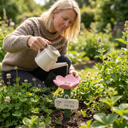 Blomsterformet vannstasjon for bier – fargerik drikkestasjon i hagen