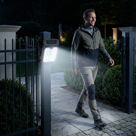 Praktisk solcellelampe med klemme og bevegelsessensor